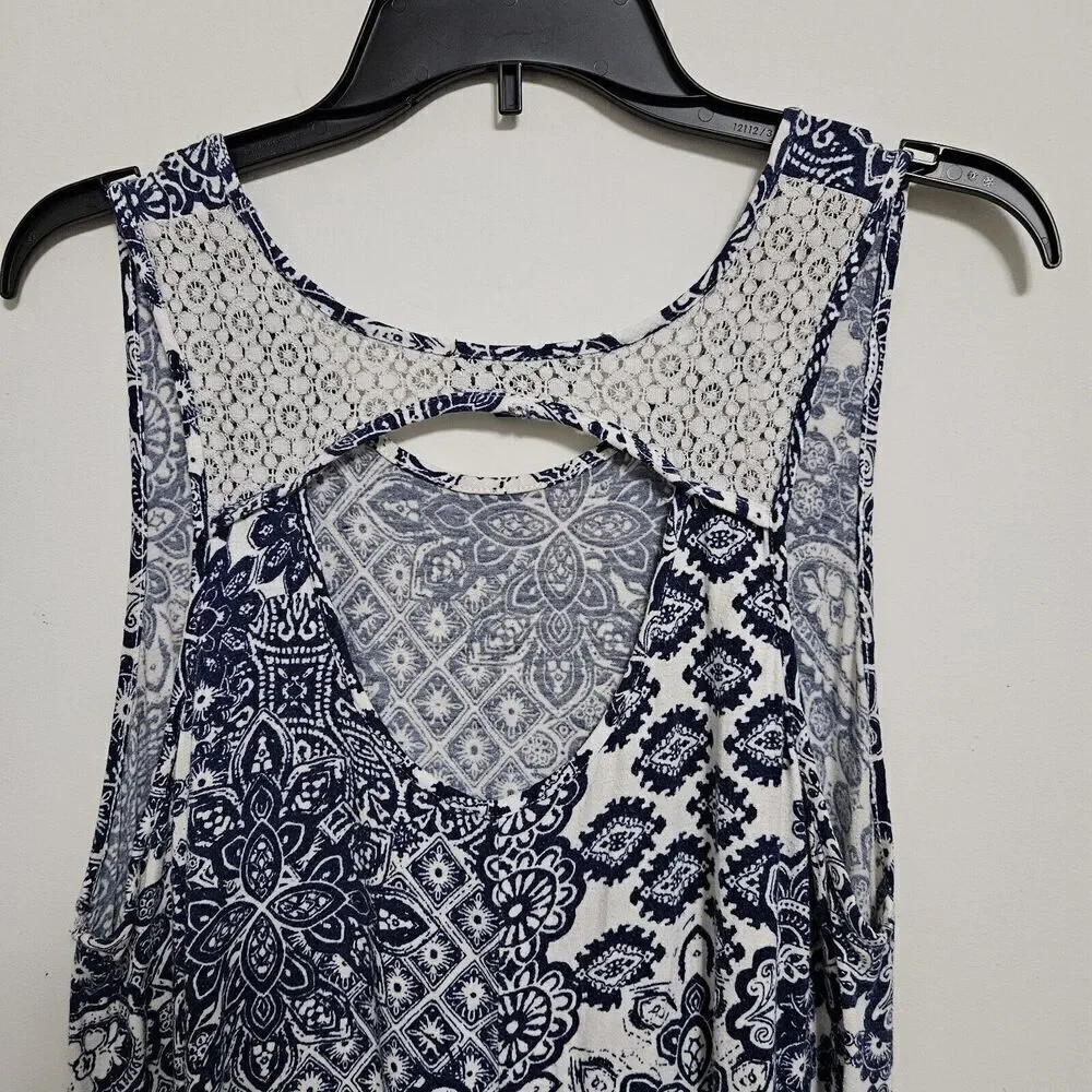 Ellen Tracy Sleeveless Paisley Tank Dress Size L Blue Cutout Back Lace Details - Picture 5 of 10